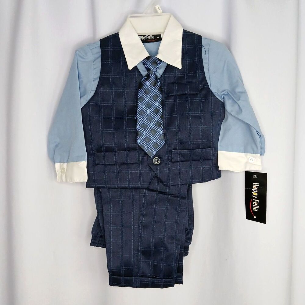 Happy Fella 4 pc Suit Set Long Slv Shirt Pants Vest Tie Blue NWT Boys Toddler 2T
